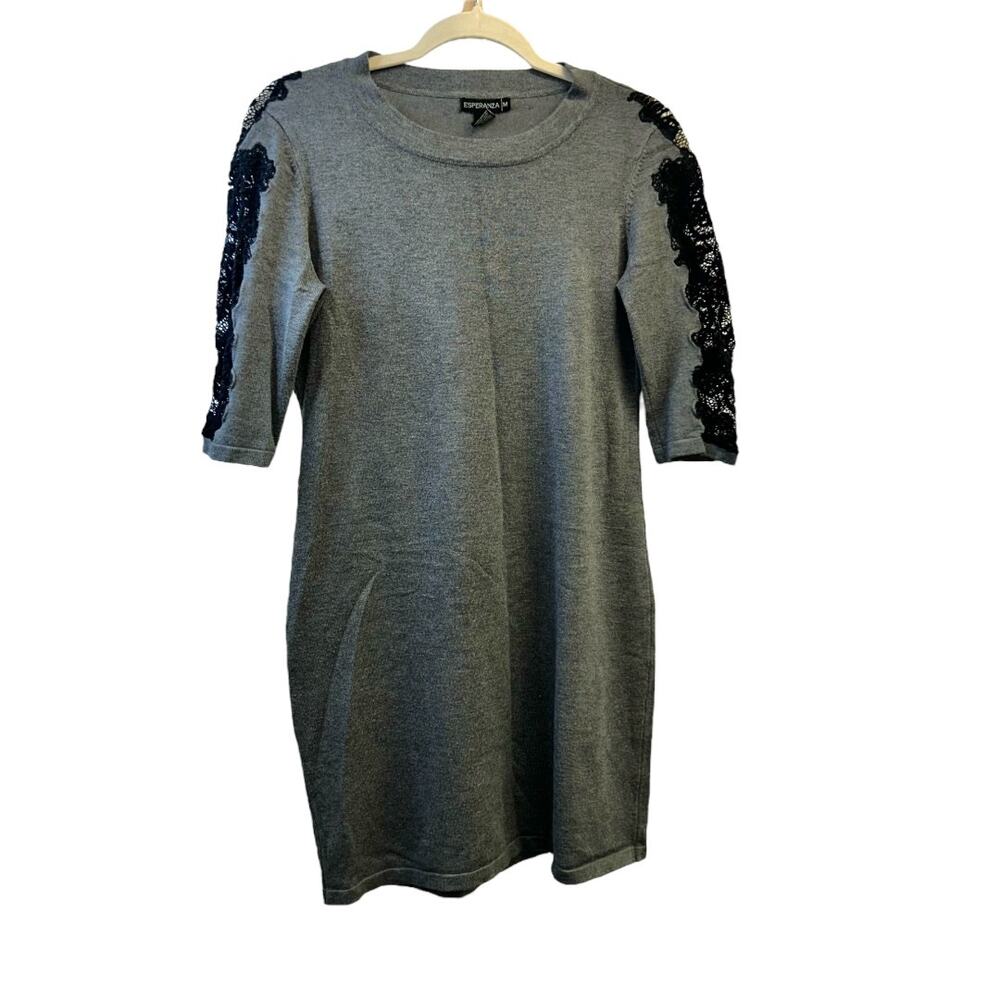 Esperanza Gray With Black Lace Sleeve Design Dress Medium